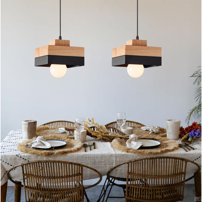 iDEGU 2x Lustre Moderne Industriel Noir 18cm E27 Lampe Suspension Vintage Abat-jour en Bois Design Carre Plafonnier Style Nordique