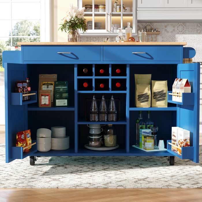 Desserte de Cuisine Îlot de cuisine mobile avec range-bouteilles - étagères réglables - MDF et métal - 102x45x92 cm - bleu