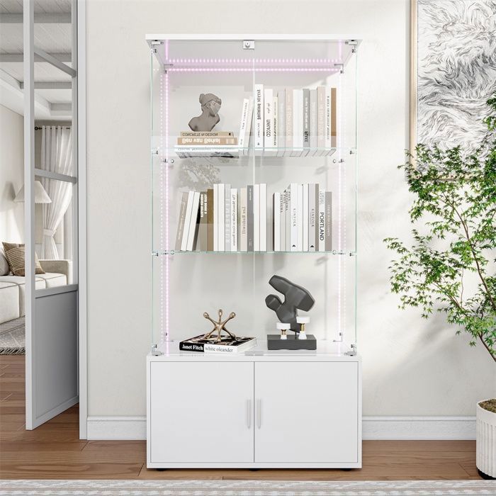 Vitrine Blanche 3 Niveaux - Argentier Salon Verre Trempé Éclairage LED Armoire de Rangement Bureau - Blanc