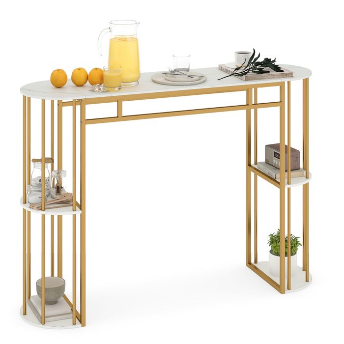 COSTWAY Table Haute de Bar 150x40 cm avec 4 Étagères Plateau Marbre Rangement 105 cm Anti-Basculement Idéal Petits Espaces Blanc