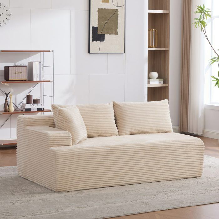Canapé compressé modulaire 2 places en chenille beige avec méridienne mousse haute élasticité 30D monté