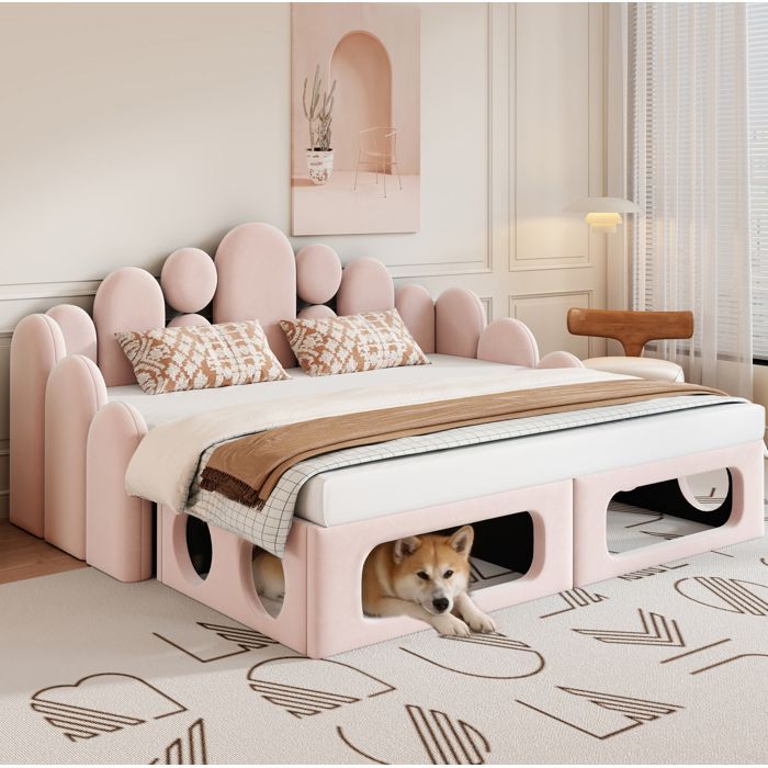 Lit Double 180×200 cm 2 en 1 avec Couchage Animal et Dossier - BEAUNIV - sans matelas Velours Rose