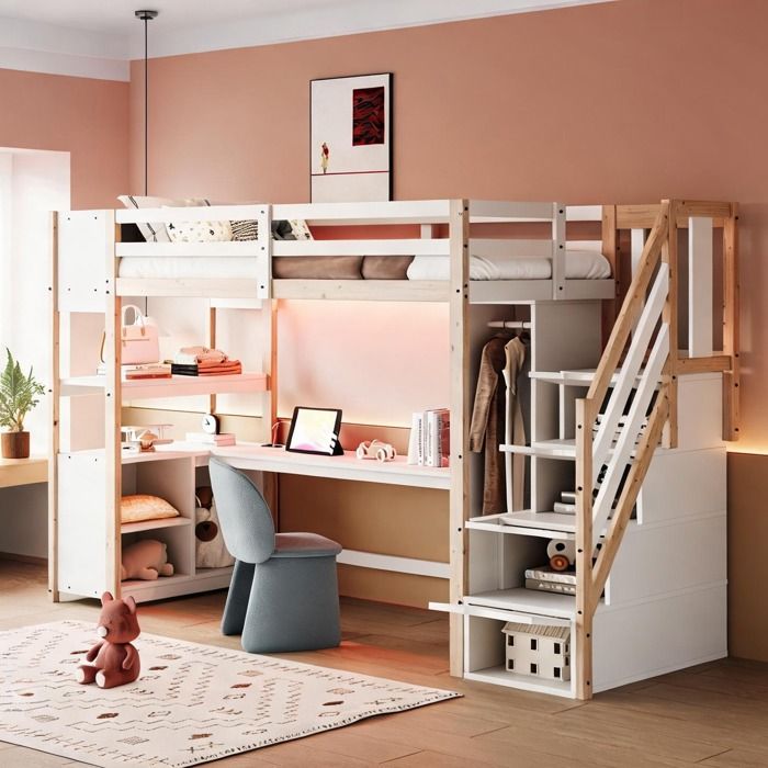 Lit mezzanine 1 place 90x200 cm avec bureau armoire et LED bois massif et MDF finition blanche