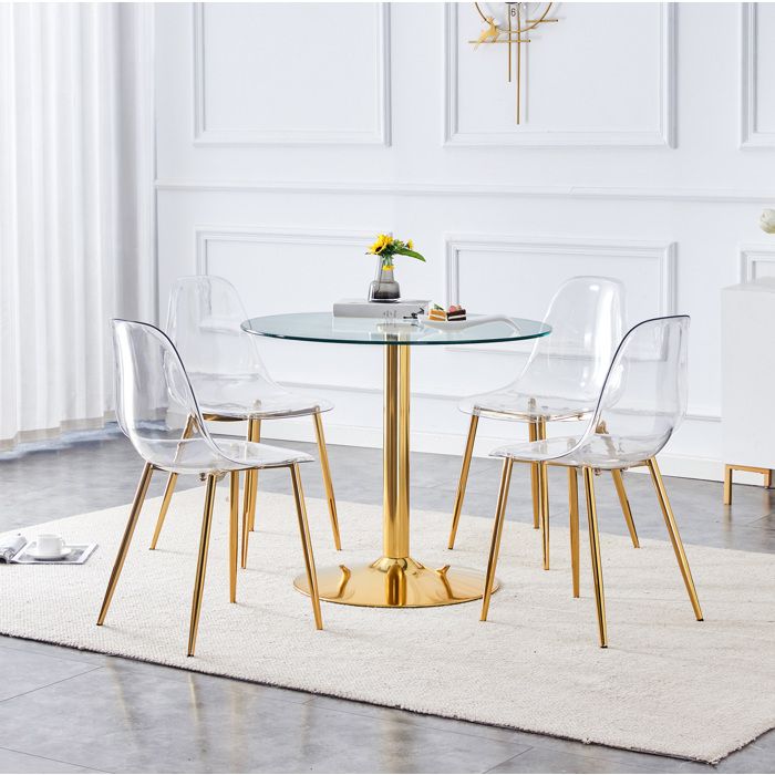 Table de Salle à Manger 4 Personnes avec Table Ronde en Verre Trempé et 4 Chaises Transparentes - ELVMI - Or