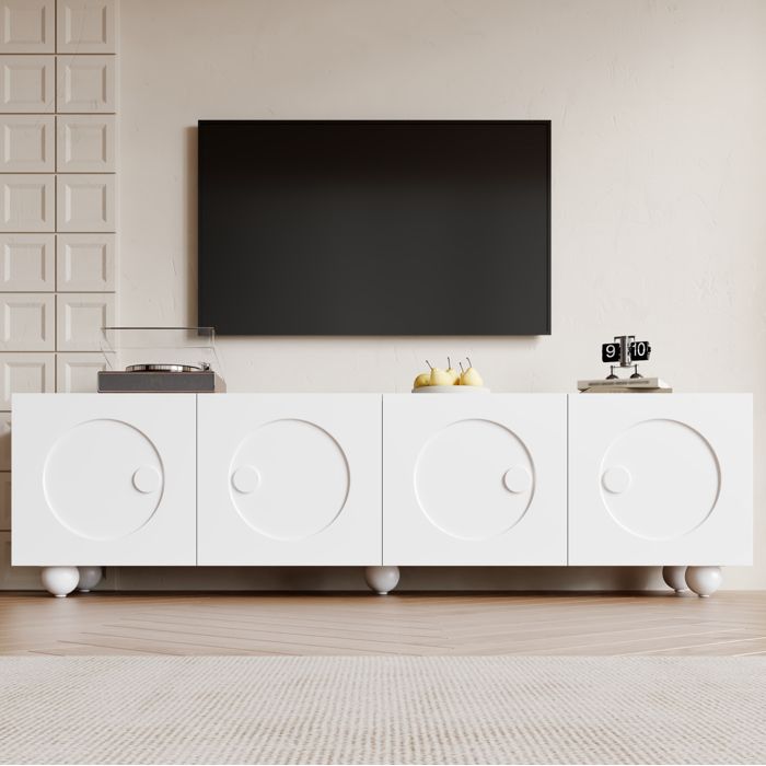 Meuble TV blanc 180 5 cm 4 portes avec rangement relief circulaire 3D finition mate MDF et panneaux PB ORVRYN