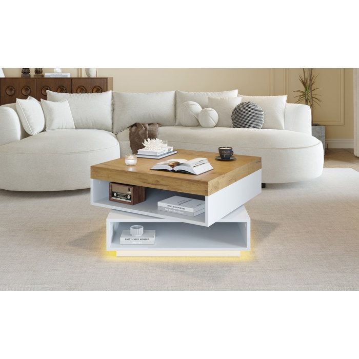 WUVRIE Table basse carrée 65 x 65 x 40 cm plateau pivotant 360° LED rangements ouverts blanc et bois