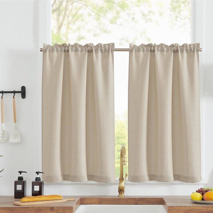 Rideau cuisine 90 x 45 cm - Lot de 2 - Tressage croisé beige avec barre passe-ronde - Lavable machine 30°C