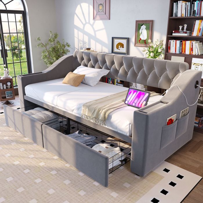 Canapé-Lit 1 Place avec USB Rangements Intégrés et 2 Tiroirs - ELVMI - en Velours Gris Clair 90 × 190 cm
