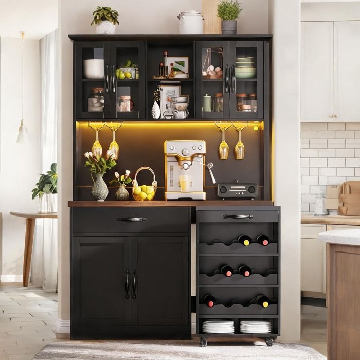 Buffet haut avec chariot roulant en MDF matte black éclairage LED dimmable 140 cm