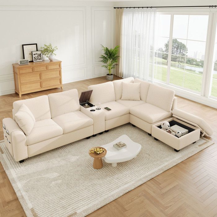 Canapé dangle modulable en forme de U ou de L avec 2 porte-gobelets 1 port USB/Type-C Velours Côtelé Beige