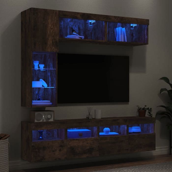 Ensemble Armoires-HIFI muraux (Lot de 7) - Meuble TV suspendu - Grande espace - et lumières LED chêne fumé(4 parcel) T6580