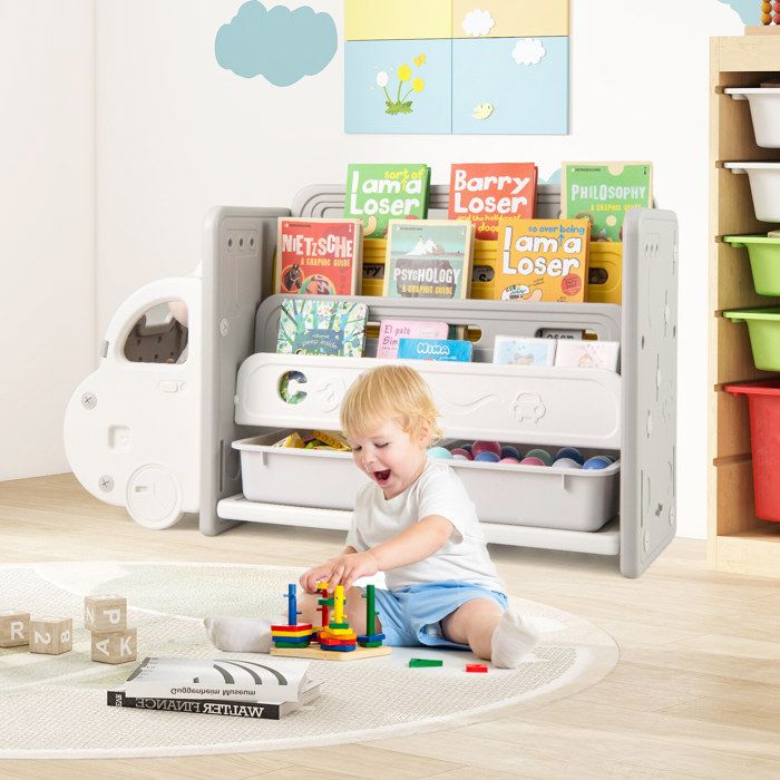 Rangement facile meuble à jouets voiture avec bibliothèque 3 niveaux et 2 bacs accès ouvert pour enfants