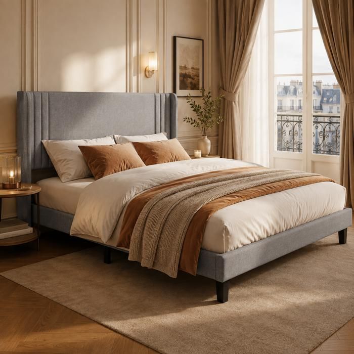 Lit Capitonné 160x200 Lit Double avec Tête de lit en Rembourrée Lit Rembourré Sommier à Lattes pour Adulte ou Ado Tissu Lin Gris