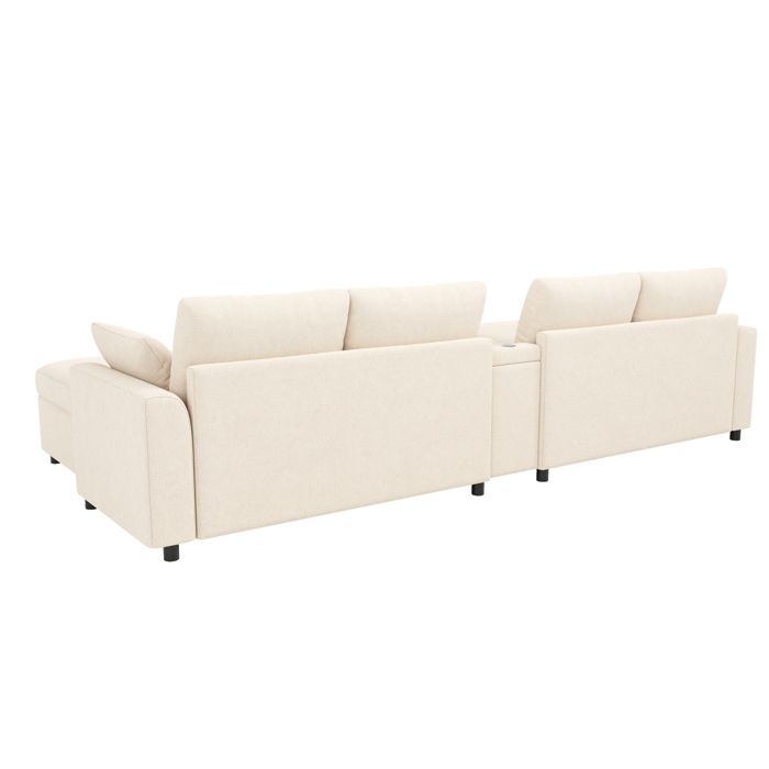 Canapé d’angle modulable 6 places beige en chenille forme U ou L 2 poufs de rangement USB et USB-C