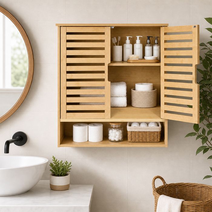 Armoire de Salle de Bain Murale Organisateur de Rangement en Bambou 57 × 20 × 66 cm pour Salle de Bains Cuisine Chambre