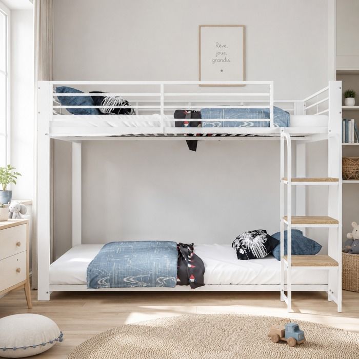Lits superposés 2 places - Lit mezzanine en métal 90 x 200 cm avec étagère - Blanc - En métal - pour enfants et adolescents