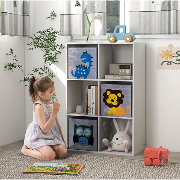 Bibliothèque enfant meuble rangement 6 cubes avec 3 bacs blanc gris bois anti-basculement JOINERY