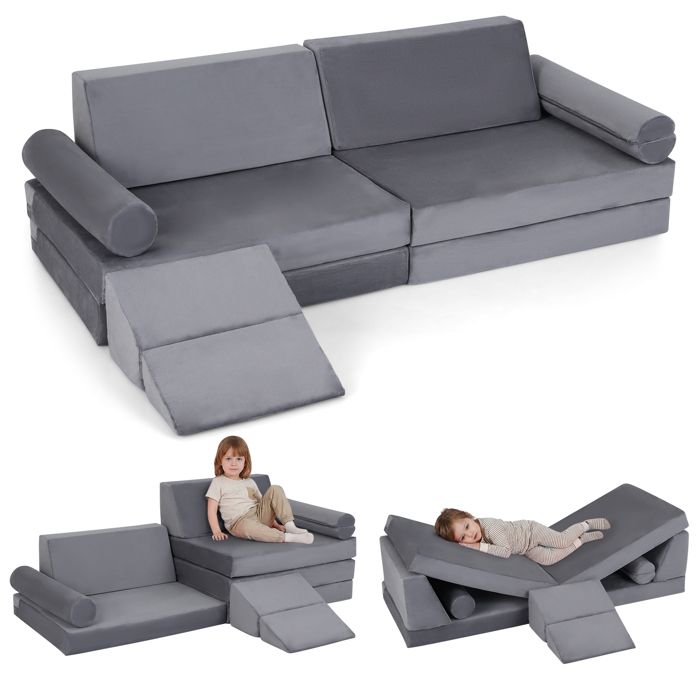 Canapé Lit Enfant-COSTWAY-Canapé Convertible Avec 13 Modules XXL-150 x 100CM Blocs de Mousse Épais en Velours Ultra-Doux Gris