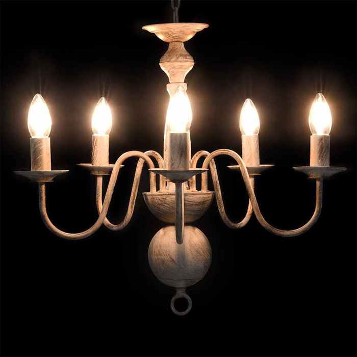 Lustre antique - E14 - Intérieur - Salon - Métal - Blanc - 50x45 cm - 5 ampoules