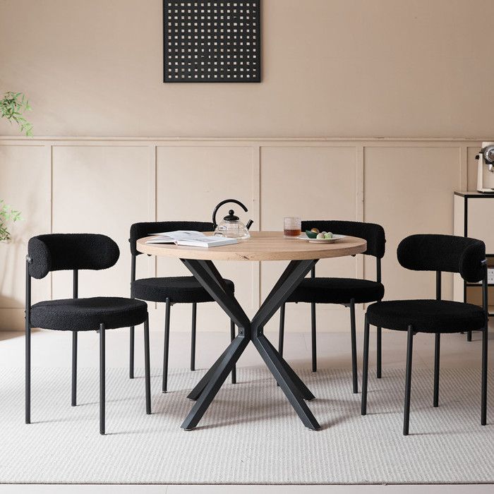 Table et chaises - 4 chaises(noire) - Table ronde bois clair(L100cm) - Table à manger Scandinave - Table de cuisine - Peluche douce