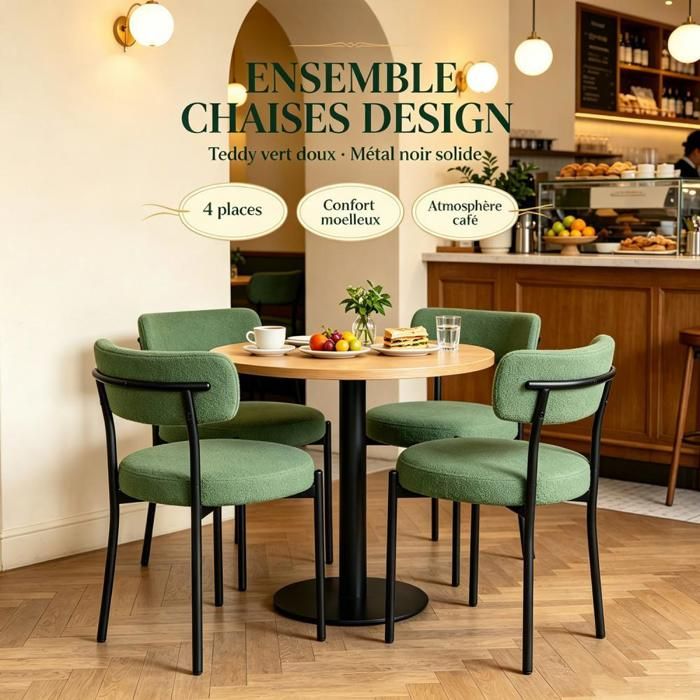 PIPIPOXER Lot de 4 chaise de salle à manger Dossier amovible Velours Teddy Vert rétro Chaise Structure Métal Restauration Café