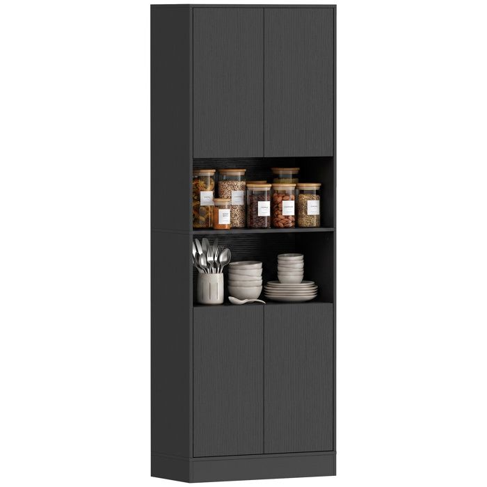Buffet haut de cuisine 60 x 30 x 170 cm armoire colonne 4 portes a fermeture douce avec 6 niveaux de rangement noir