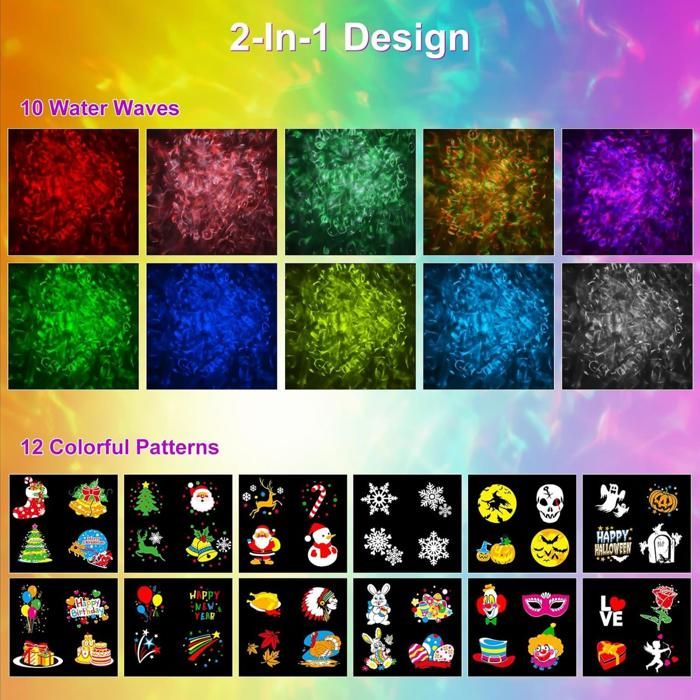 Projecteur Noël Extérieur Intérieur LED Noël Extérieur 2en1 12 Diapositives 10 Couleurs Vague Eau
