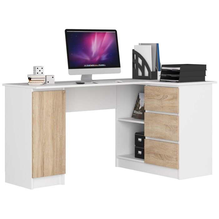 Grand bureau dangle AKORD droit B20 Blanc 155 cm 1 porte 3 tiroirs façade Chêne Sonoma 4 étagères 155x85x77 cm Grand bureau dangle AKORD droit B20 Blanc 155 cm 1 porte 3 tiroirs façade Chêne Sonoma 4 étagères 155x85x77 cm