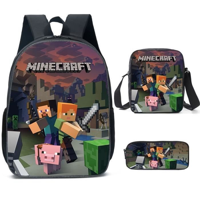 Sac à Dos Minecraft Enfant 4 Pièces - Inclut Sac Déjeuner, Bouteille Et Trousse - Noir