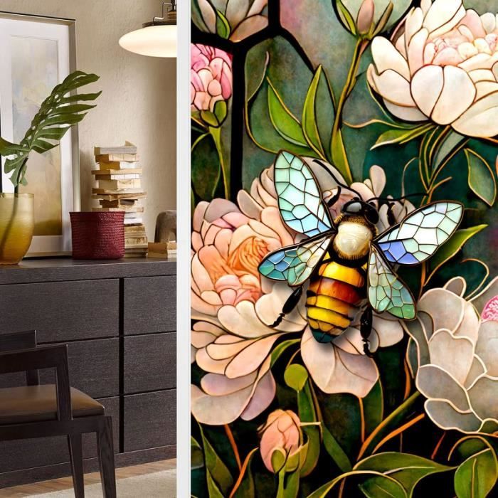 Film Vitrail Abeille FUNLIFE 43x300cm - Electrostatique, Réutilisable, Déco Fenêtre