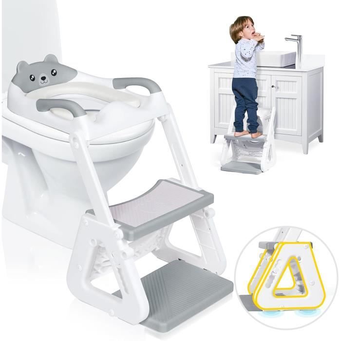 Réducteur De Toilette Enfant 2 En 1 Avec Marche Intégrée - Hauteur Réglable (42 à 46 Cm) - Coussin PVC Lavable - Stable Et Antidérapant - Vert