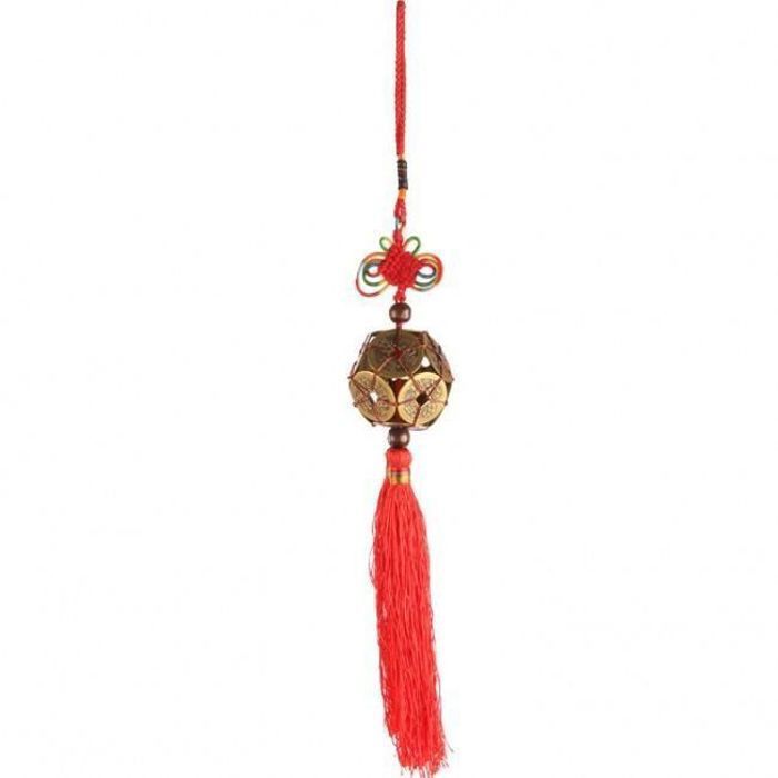 Pendentif porte-bonheur - LA CHINEUSE - Pendentif Feng Shui Prospérité - 12 pièces - Cuivre & coton - Rouge/Or