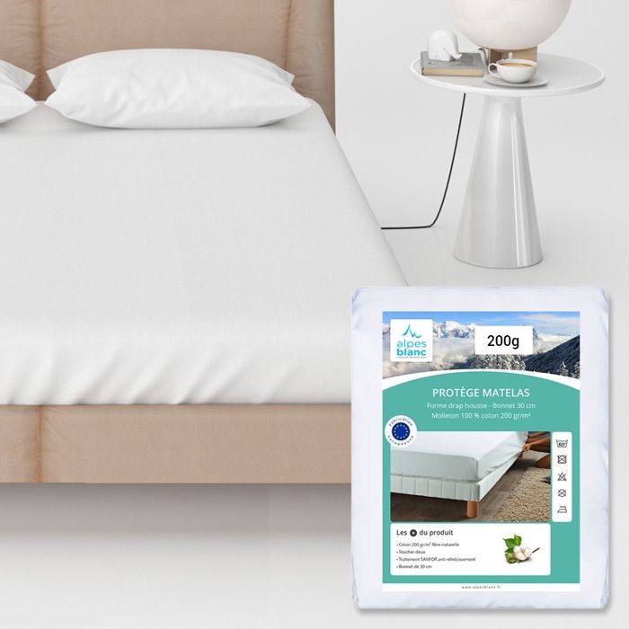 ALPES BLANC - Protège matelas coton 160x200 cm - Molleton doux 200g/m² forme drap housse bonnet 30 respirant anti-rétrécissement