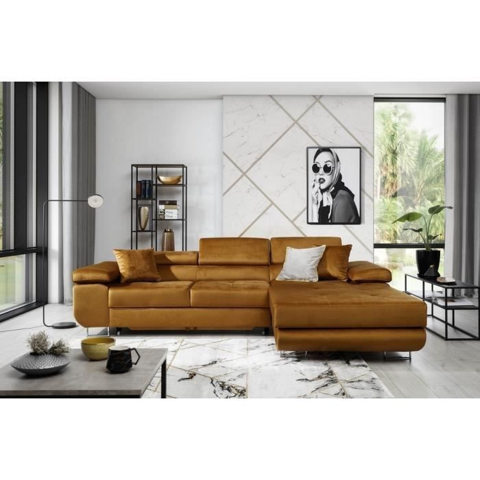 Canapé dangle convertible ARMEL en tissu luxe 5 places couleur cuivre avec coffre angle droit (vu de face)