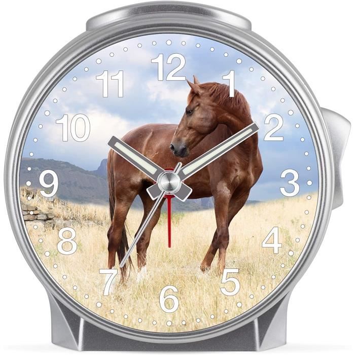 Eurotime Réveil avec boîtier et verre en plastique, mouvement silencieux sans tic-tac, lumière et répétition de l’alarme Motif cheval Réveil pour
