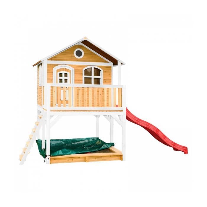 AXI Marc Maison Enfant avec Bac à Sable & Toboggan rouge | Aire de Jeux pour l'extérieur en marron & blanc | Maisonnette