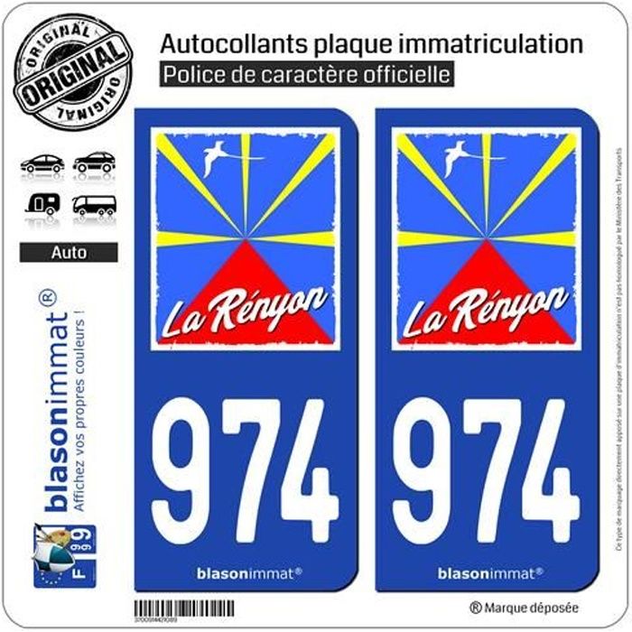 2 Autocollants plaque immatriculation Auto 974-H Réunion - Rényon Drapée