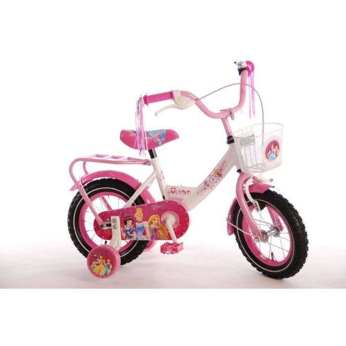 Velo Fille Princesse Disney 12 Roues pouces avec Panier et Franges Rose Blanc Cdiscount Sport