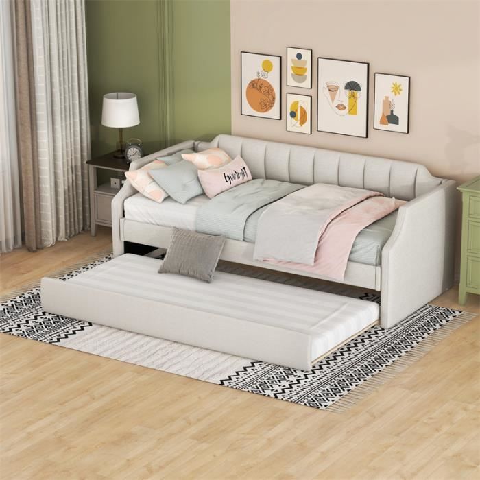 lit gigogne 90x200cm-180x190cm, lit simple rembourré à roulettes canapé-lit extensible avec sommiers à lattes en bois - beige