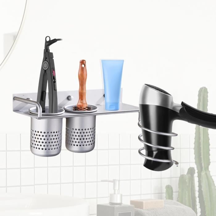 Support Seche Cheveux, Porte Seche Cheveux Mural Sans Percage Inoxydable Support Seche Cheveux Autocollant Avec Range Cables Pour Salle De Bain Hotel De Chambre A Coucher 91655031