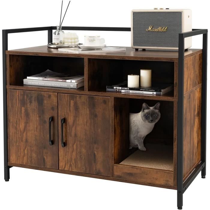 Meilleurs prix pour GOPLUS Boîte à Litière Pour Chat, Meubles Pour Chat Cadre en Métal Robuste, Planche à Gratter, Caisse en Bois (Marron)