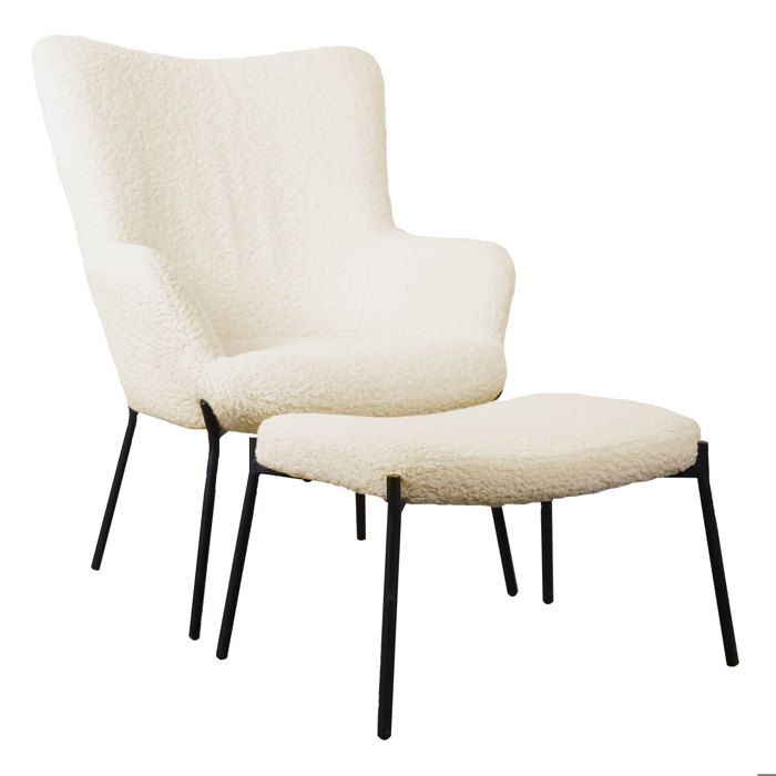 Fauteuil en tissu bouclette écru avec repose-pieds EIRA Fauteuil en tissu bouclette écru avec repose-pieds EIRA