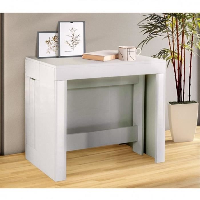 Table Console Extensible 12 Couverts Longo 90 Cm Finition Laque Blanc Brillant Avec 5 Allonges Integrees Blanc Mdf Inside75 Achat Vente Console Extensible Table Console Extensible 12 Couverts Longo 90