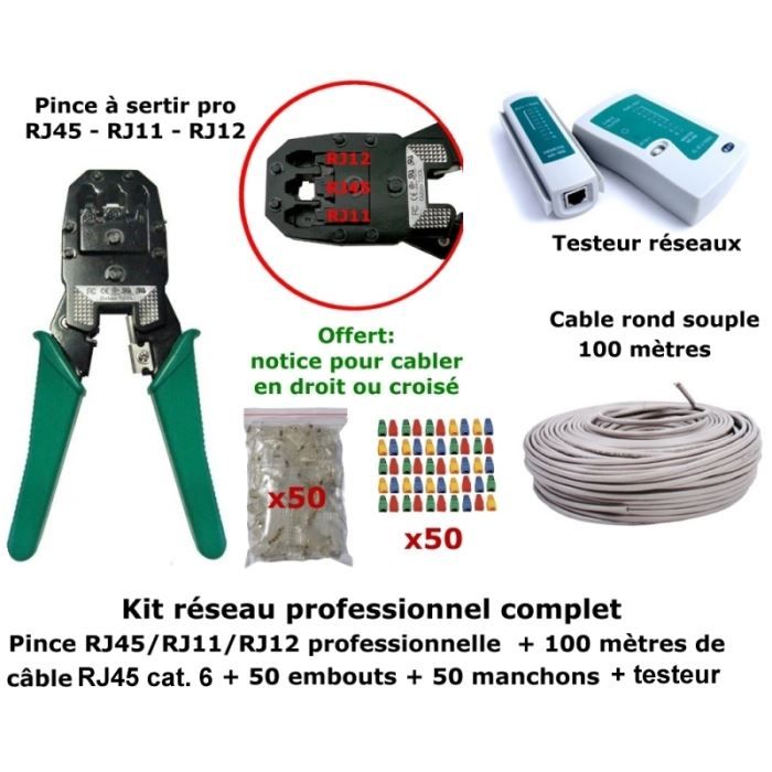Pince Rj45 Pro Kit réseau pince Pro + RJ45 + 100 m câble + tes… - Cdiscount Informatique
