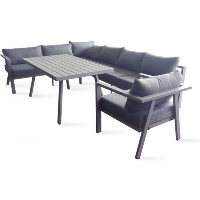 table de jardin canapé d'angle et fauteuil - 212 x 75 x 64 cm - aluminium - solys - gris