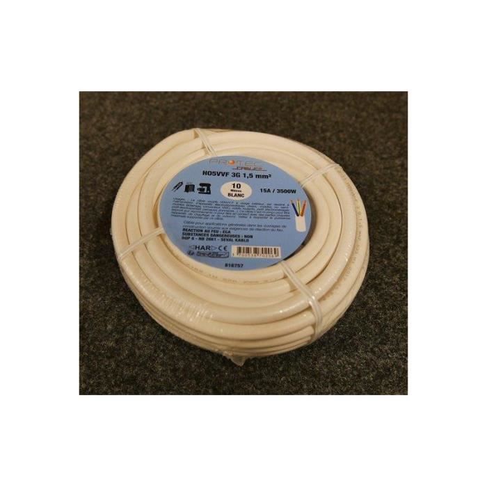 Cable souple H05VVF 3x1.5mm (bobine de 10m) blanc pour alimentation circuit electrique