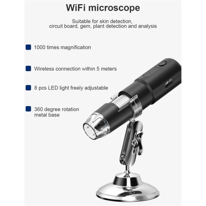 Microscope Numérique Sans Fil WiFi - Grossissement 50x à 1600x, 8 LED, Support Métal, Portable Pour Smartphone - 2