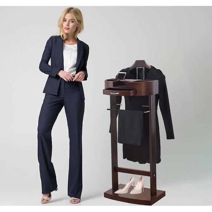 Valet de Chambre Serviteur Mural en Bois et Métal Marron Foncé pour