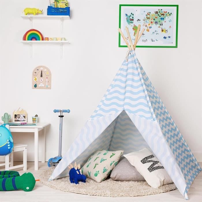 PaLulli® Tente tipi pour enfant en 100 % coton avec tapis douillet, système anti-collaps, stable, lampe suspendue de camping et 2 coussins décoratifs, tente de jeu Tippi, tente de jeu, beige