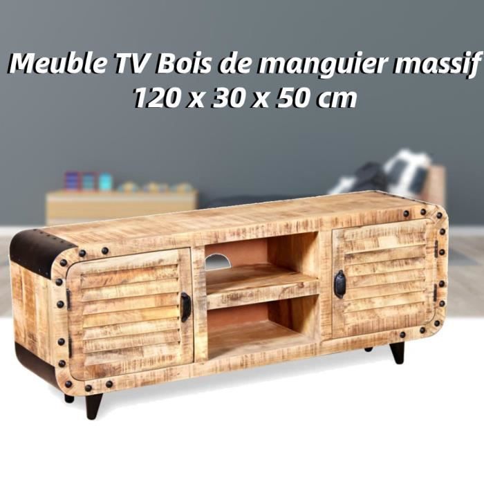 Meuble TV En Bois De Manguier Massif - 120 X 30 X 50 Cm - Couleur Noire (Neuf)
